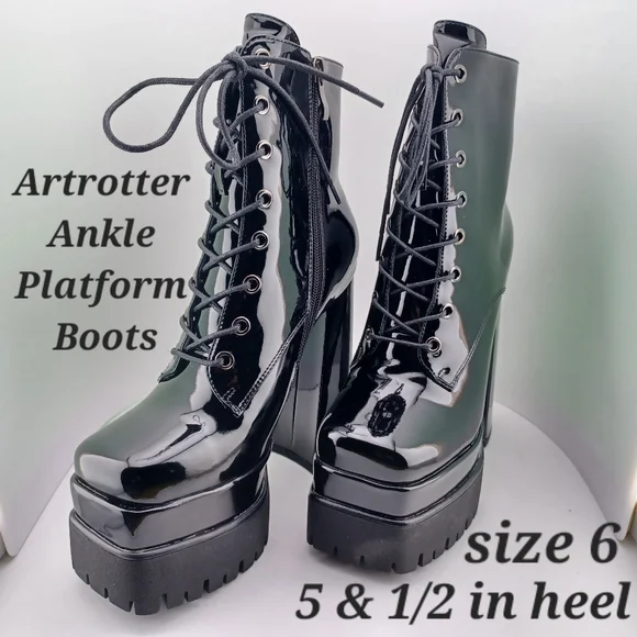 Artrotter Black Ankle Platform Boots Womens size 6 Chunky Block 5.5 in  Heel - Picture 8 of 8